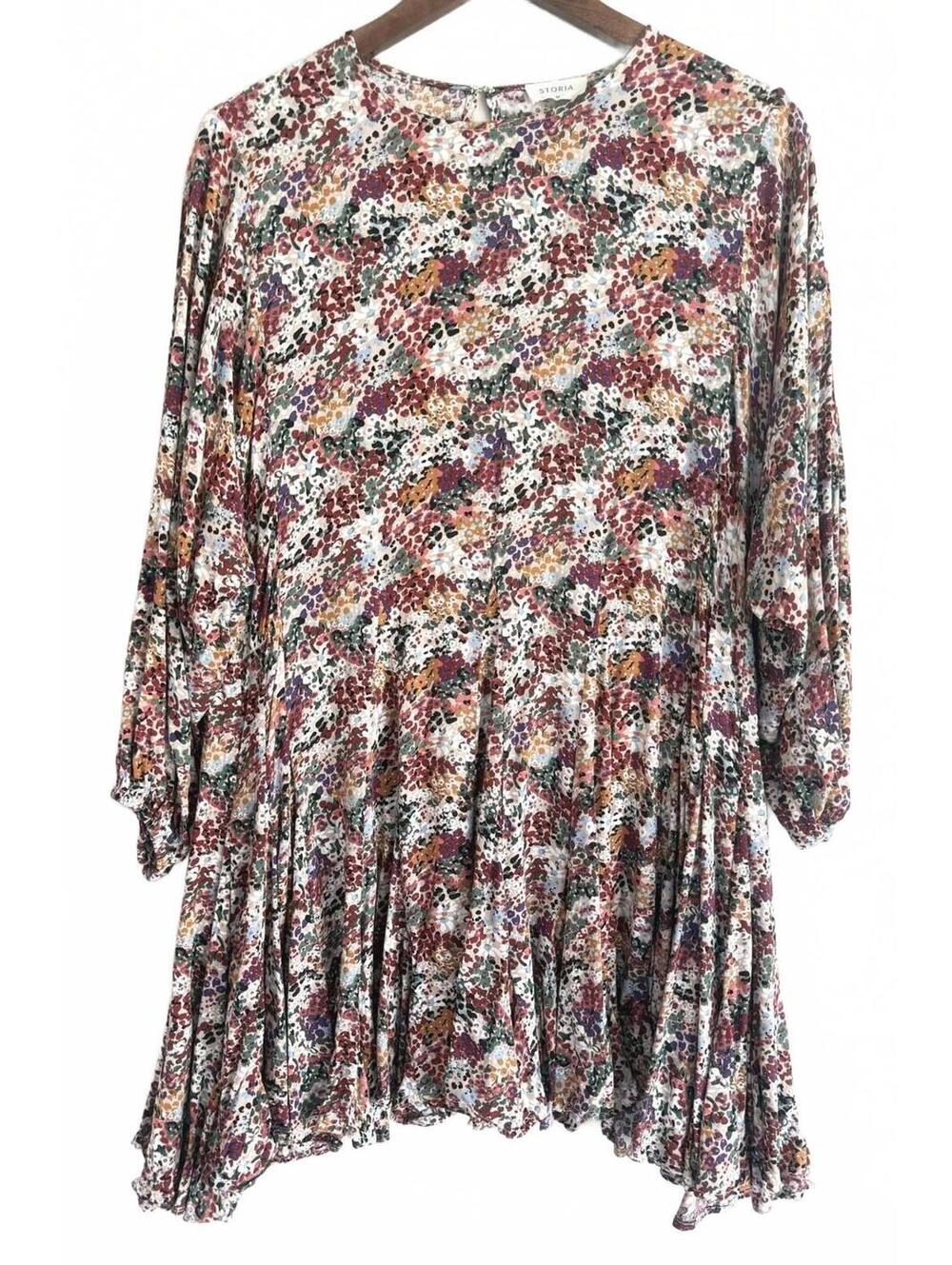 Storia Floral Print Mid Long Sleeve Mini Dress Size M Boho Flowy Peplum Hem
